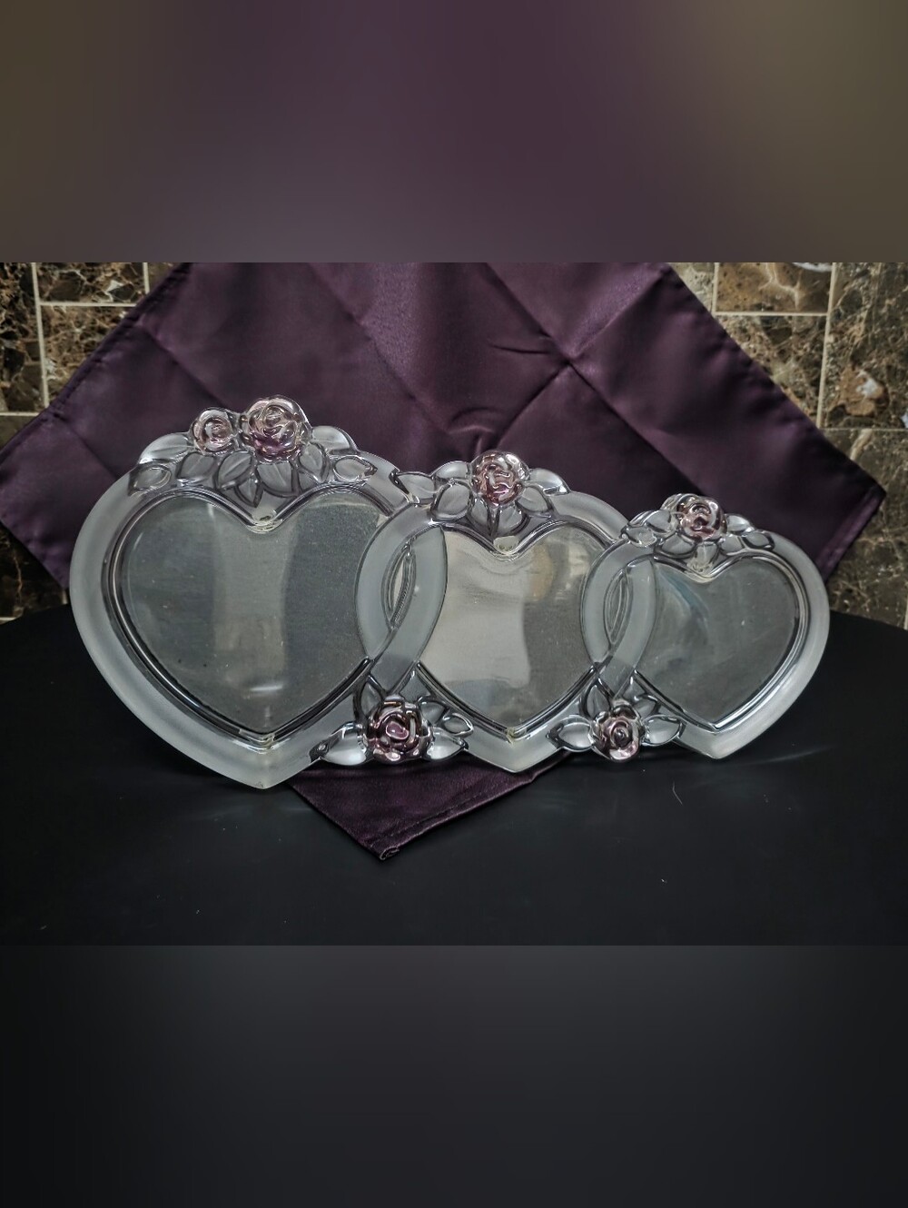 Vintage Mikasa Rosemont Triple Heart Glass Picture Frame Elegant Wedding